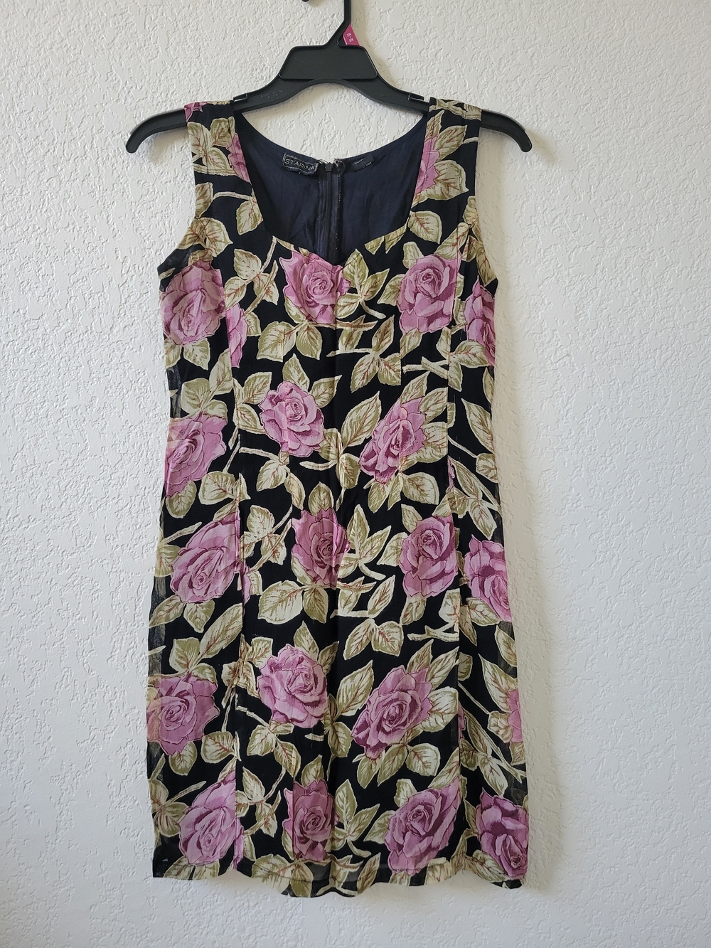 STARINA Black Mini Dress with Pink Rose Print
